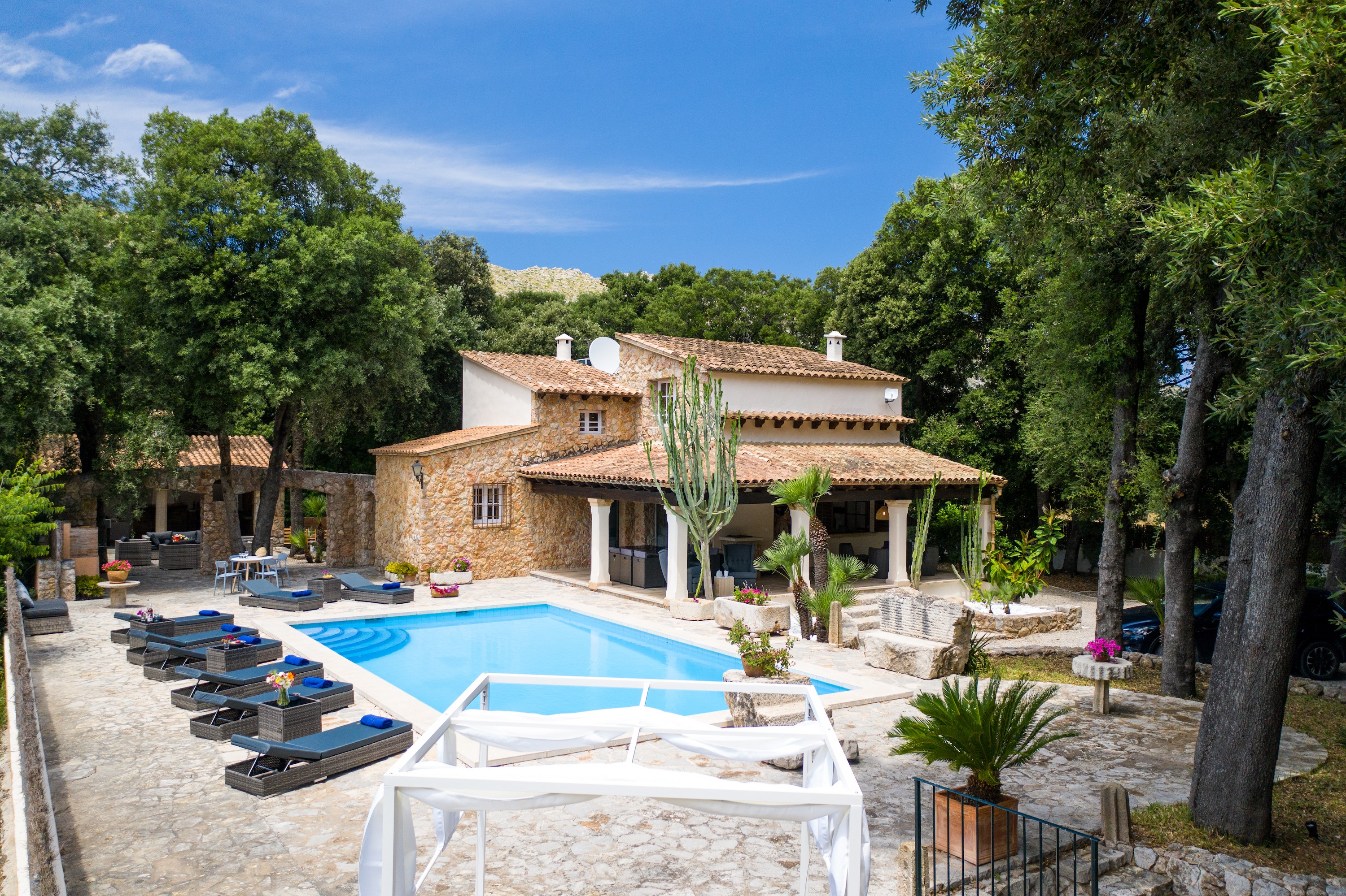 Villa Las Encinas aerial view, oak forest Pollensa Mallorca